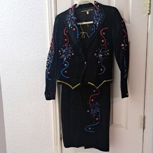 Colette Nivelle Paris France Embellished Black Suede  Blazer and Skirt Set Sz SM
